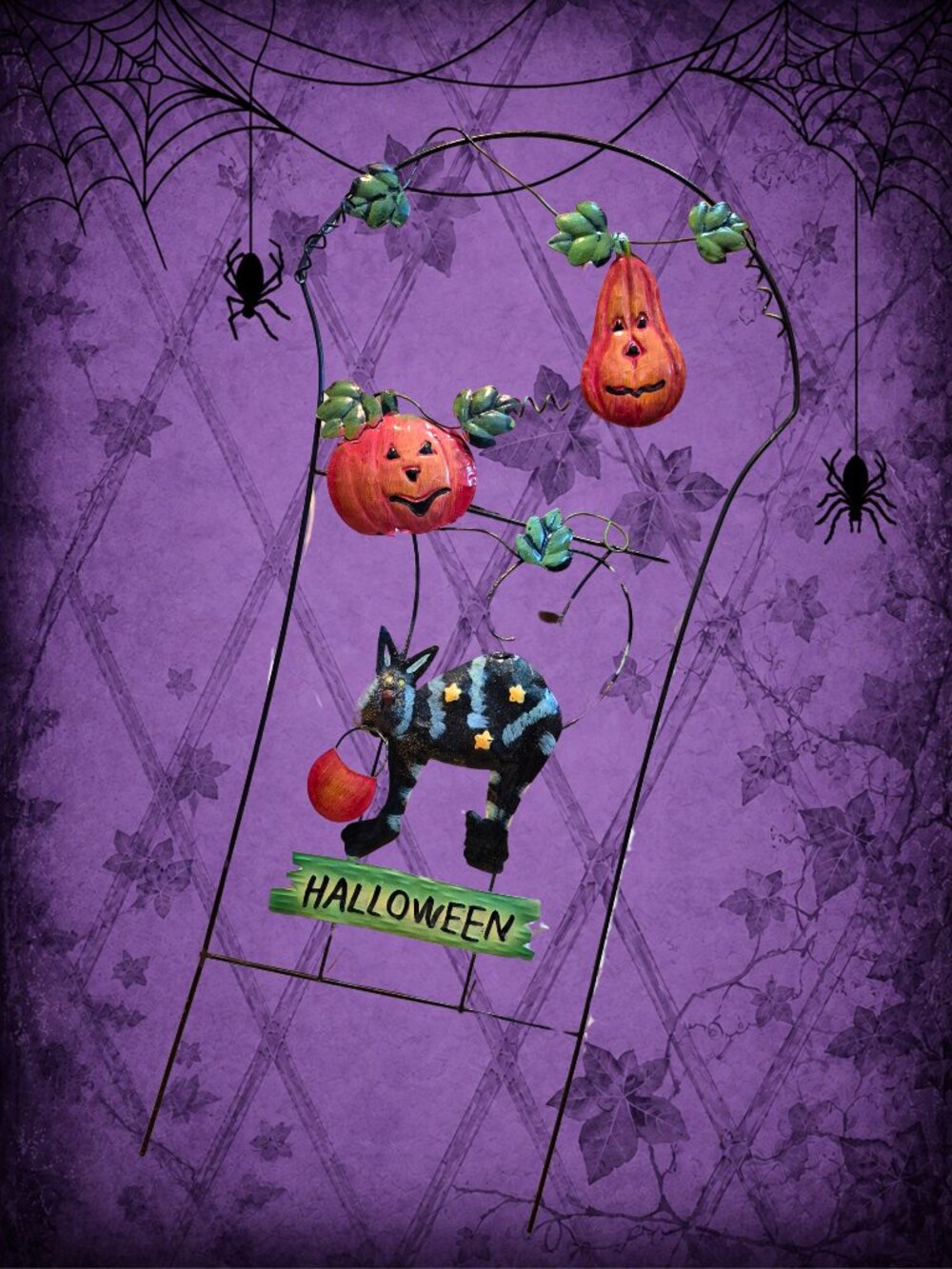 Beyond Midnight 🦉🧚♂️ Vintage Halloween Metal Yard Stake Black Cat & Pumpkins